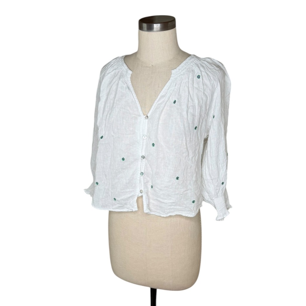 RAILS Mariah Green Daisy Embroidered Blouse Linen Blend Women's‎ Size Small